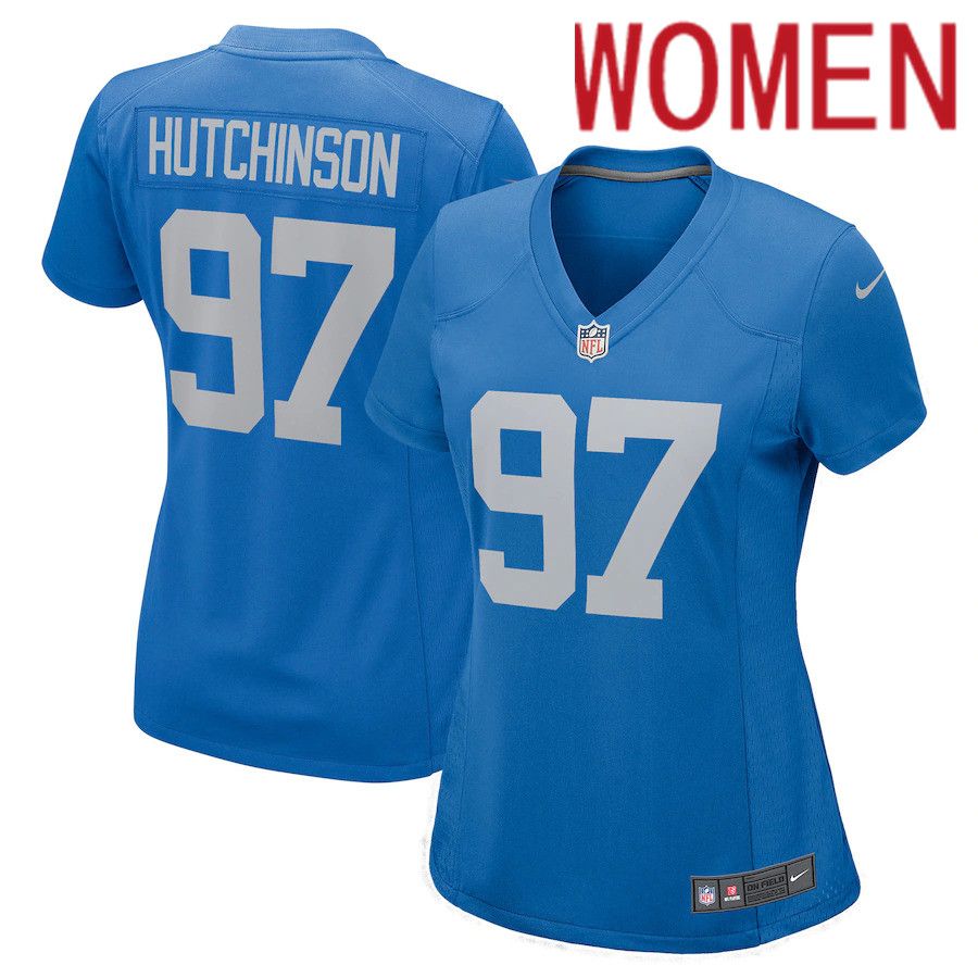 Cheap Women Detroit Lions 97 Aidan Hutchinson Nike Blue 2022 NFL Draft First Round Pick Game Jersey
